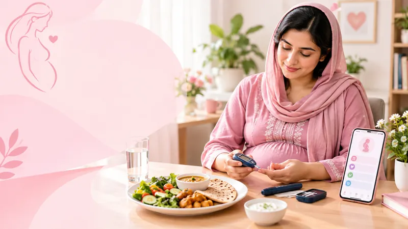 Pregnant woman checking blood sugar with a glucose meter beside a healthy meal for gestational diabetes management