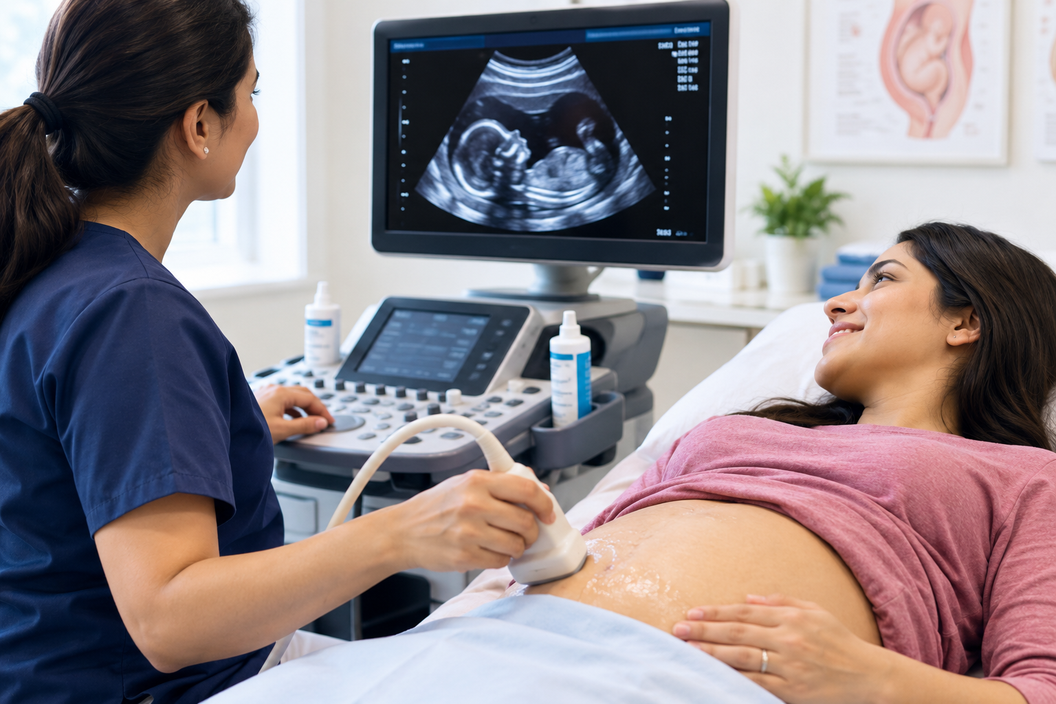 20-week anatomy scan — Umeed AI Pregnancy Tracking App Pregnant woman having a 20-week anatomy scan ultrasound to check fetal development and anatomy