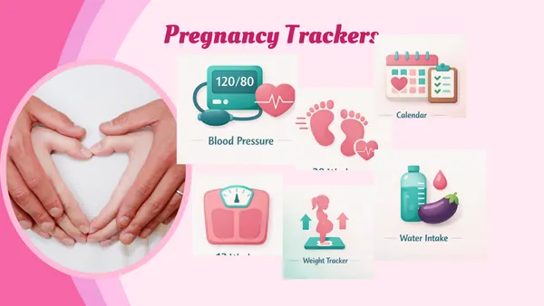 Pregnancy trackers collage — blood pressure, weight, water intake, kicks and appointment calendar