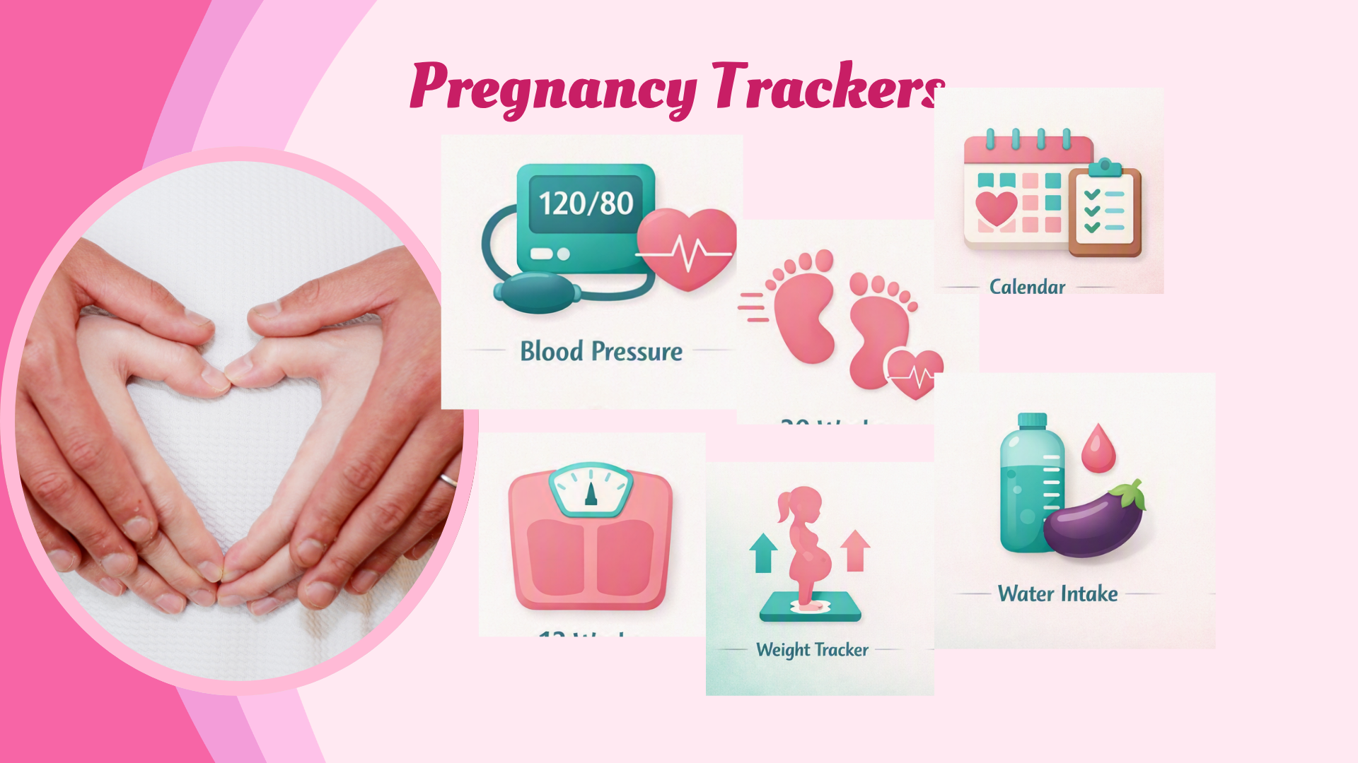 Pregnancy trackers collage — blood pressure, weight, water intake, kicks and appointment calendar